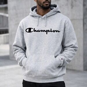 Champion Powerblend Hoodie Mens Large Heather Grey Black Script Logo Fleece